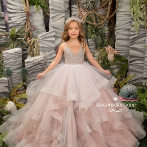 Blush Pink Gray tulle formal flower girl dress for special occasion bridesmaid party wedding pageant first communion photoshoot christmas