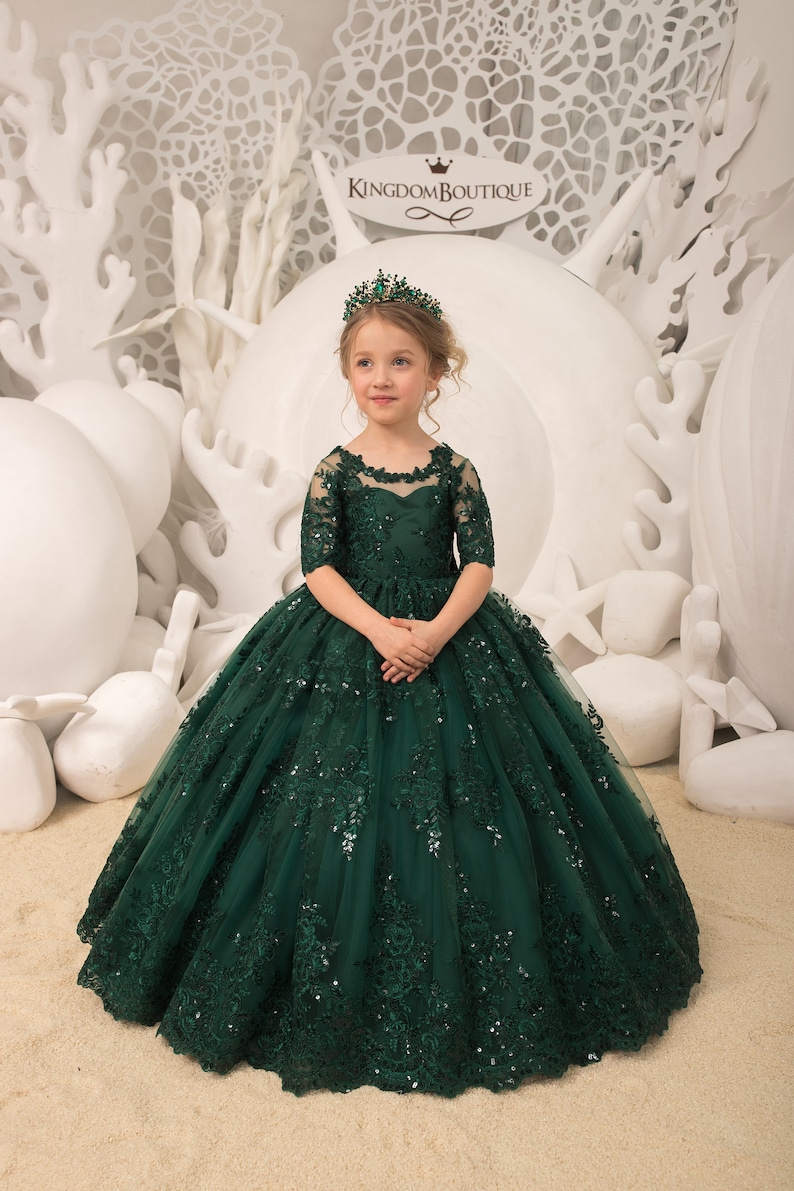 Emerald green lace tulle half sleeve formal flower girl dress image 0