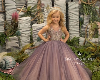 Purple and Blush Pink tulle formal flower girl dress for special occasion bridesmaid party wedding pageant first communion Christmas