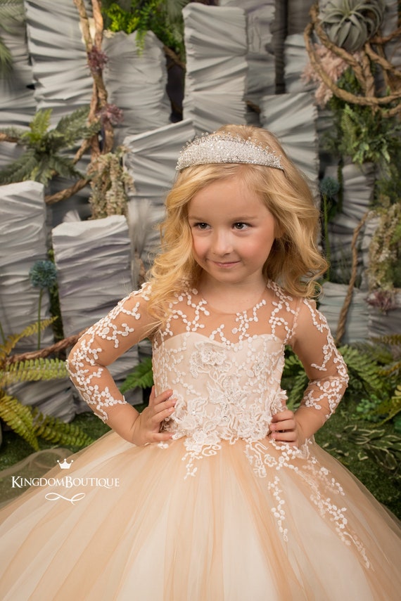Cappuccino Ivory Lace Tulle Long Sleeves Flower Girl Dress for