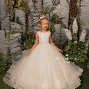 Ivory tüll Blumenmädchen Kleid für besonderen Anlass Brautjungfer Party Hochzeit Festzug erste Kommunion Fotoshooting Weihnachten