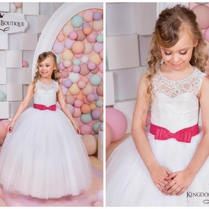 Weiß Spitze Tüll Satin Blumenmädchen Kleid für besonderen Anlass Brautjungfer Party Hochzeit Festzug Fotoshooting Erstkommunion Weihnachten