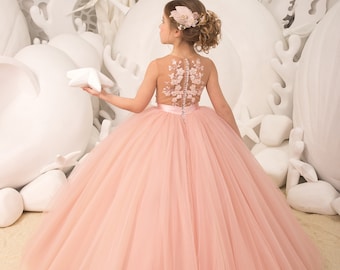 Blush rosa amarillo encaje tul formal flor chica vestido para | Etsy México