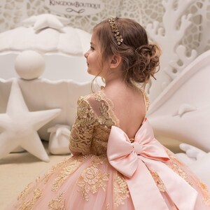 Blush Pink and Gold Flower Girl Dress Birthday Wedding Party Holiday Bridesmaid Flower Girl Blush Pink and Gold Tulle Lace Dress 21-061 image 2
