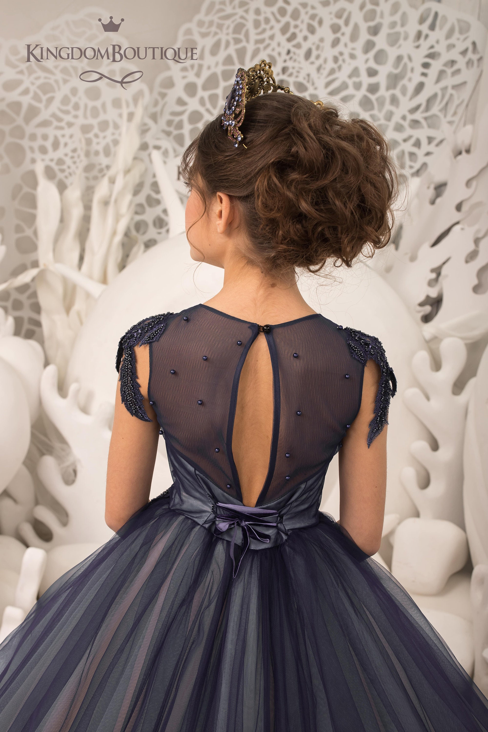 Navy Blue and Blush Lace Tulle Flower Girl Dress for Special Occasion ...