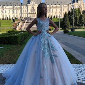 Hellblau und Blush Spitze Tüll formelle Blumenmädchen Kleid für besonderen Anlass Brautjungfer Party Hochzeit Festzug Geburtstag Fotoshooting Weihnachten