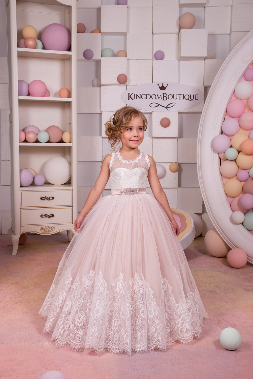 ivory and blush pink flower girl dress