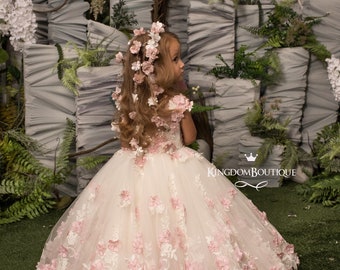 Ivory and blush pink lace tulle flower girl dress for special occasion bridesmaid party wedding pageant first communion photoshoot Christmas