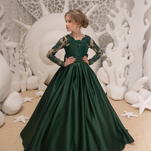 Emerald Green Flower Girl Dress - Wedding Holiday Party Bridesmaid Birthday Flower Girl Emerald Green Tulle Lace Dress 21-082