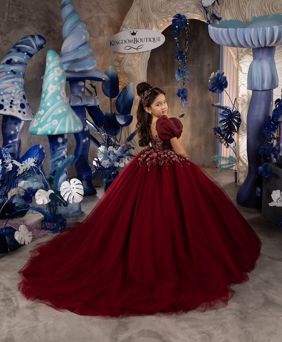 redgirl dress Elegant 3D Flowers Red Girl Dress Long Sleeve Princess Gown J274 Red / 12M