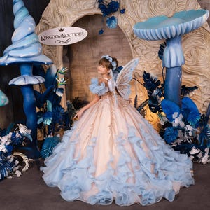 Blumenmädchenkleid, Tüll-Blumenmädchenkleid, Spitzenkleid, Cappucino und hellblaues Kleid, Erstkommunionskleid, Junior-Brautjungferkleid