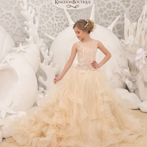 Champagne lace tulle satin formal flower girl dress for special occasion bridesmaid party wedding pageant birthday photoshoot Christmas
