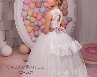 Ivory lace tulle satin formal flower girl dress for special occasion bridesmaid party wedding pageant birthday photoshoot first communion