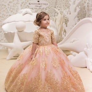 Blush Pink and Gold Flower Girl Dress Birthday Wedding Party Holiday Bridesmaid Flower Girl Blush Pink and Gold Tulle Lace Dress 21-061 image 1