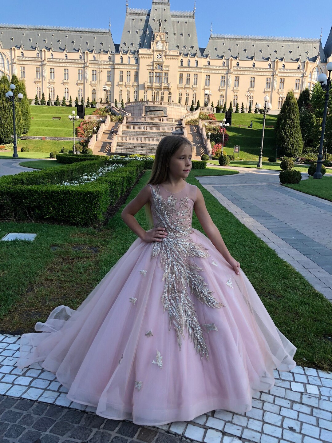 slim fit dress slacks Long Fit & Flare Corset Prom Dress with Rose Gold Glitter Print main image 0