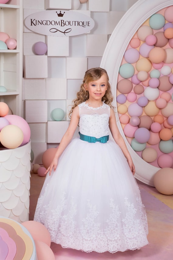 Vestido de niña de flores formal de tul de encaje blanco para