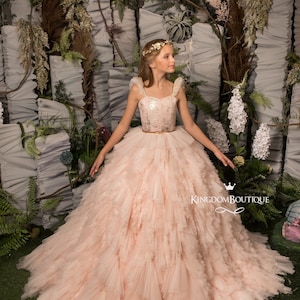 Peach Satin Tüll Blumenmädchen Kleid für besonderen Anlass Brautjungfer Party Hochzeit Festzug Geburtstag Fotoshooting Weihnachten