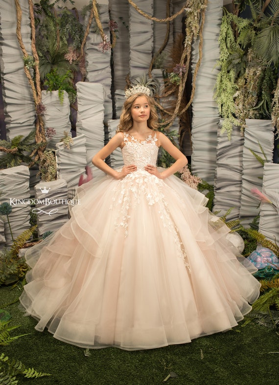 Rosa Weiß Prinzessin Blumenmädchen Brautjungfer Partei-Anlass Kleider 