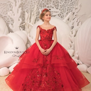 Rote Spitze Tüll Satin formales Blumenmädchen Kleid für besonderen Anlass Brautjungfer Party Hochzeit Festzug Fotoshooting Geburtstag Weihnachten
