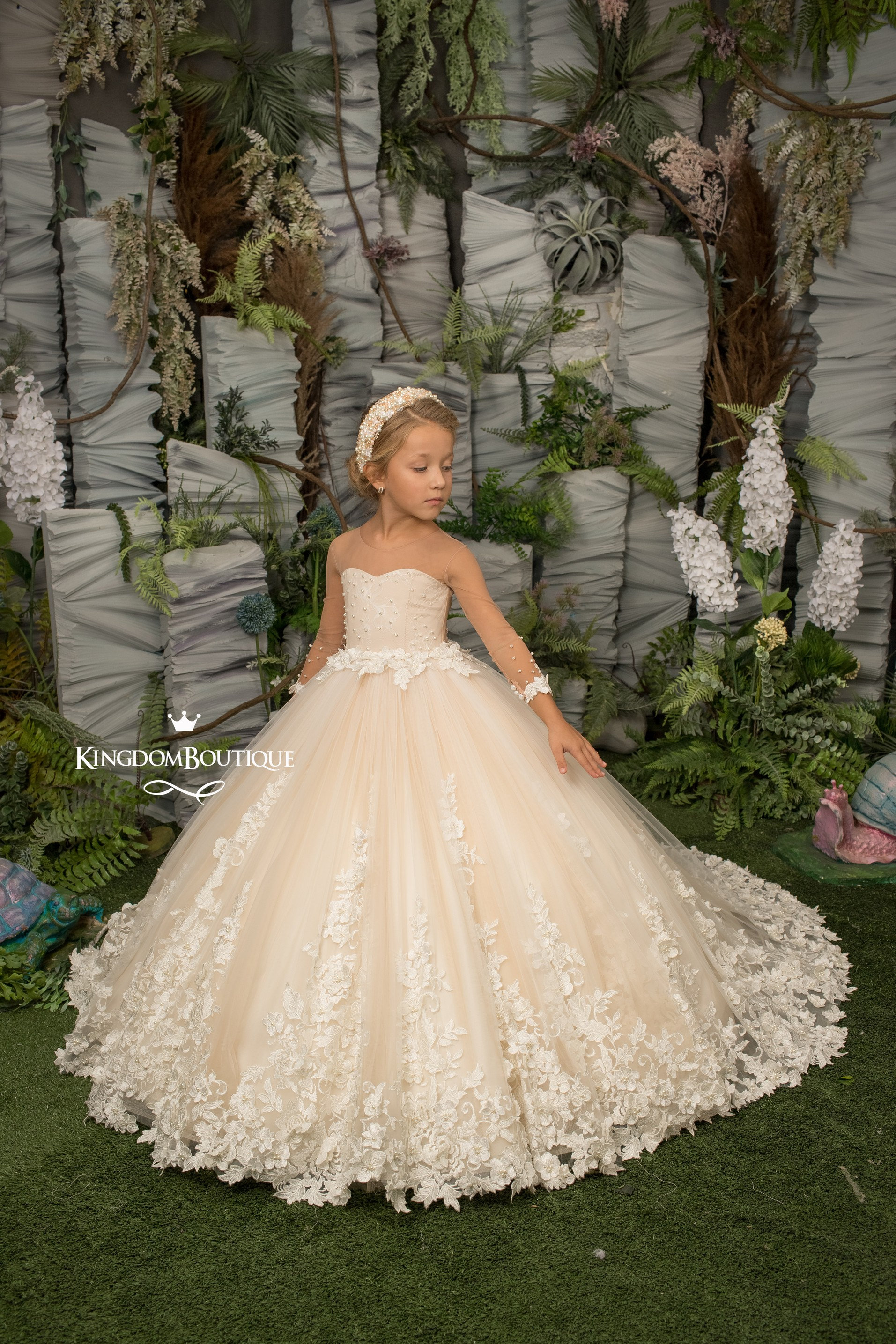 Ivory and Cappuccino Lace Tulle Long Sleeves Flower Girl