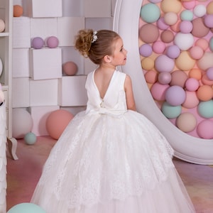 Ivory Spitze Tüll Satin Blumenmädchen Kleid für besonderen Anlass Brautjungfer Party Hochzeit Festzug Geburtstag Fotoshooting Erstkommunion