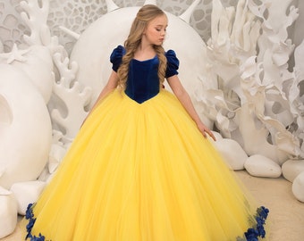 Snow White velvet tulle formal flower girl dress for special occasion bridesmaid party wedding pageant birthday photoshoot Christmas