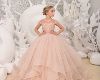 Blush  lace tulle formal flower girl dress for special occasion bridesmaid party wedding pageant birthday photoshoot Christmas