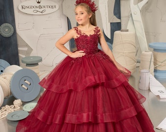 Flower girl dress, Tulle flower girl dress, Lace flower girl dress, Maroon wedding dress, First communion dress, Junior bridesmaid dress