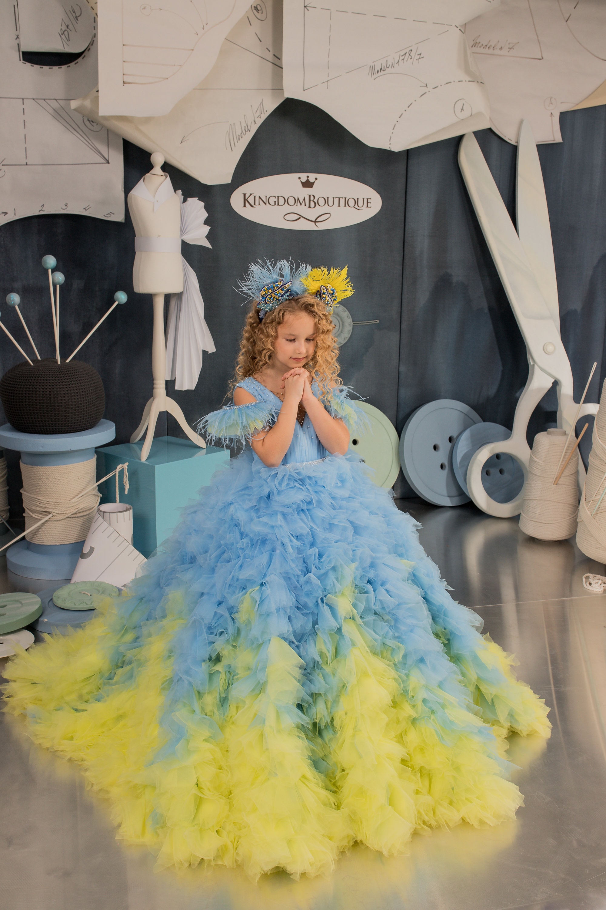 Fancy Dress, Tulle Fancy Dress, Lace Fancy Dress, Yellow Blue Fancy Dress, Wedding Party Dress, Bridesmaid Dress