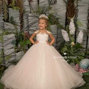 Elfenbein und blush rosa Spitze Tüll Blumenmädchen Kleid für besonderen Anlass Brautjungfer Party Hochzeit Festzug erste Kommunion Fotoshooting Weihnachten