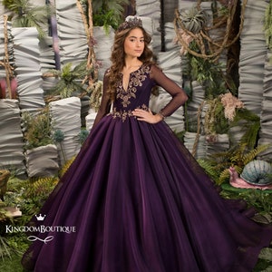 Lila Spitze Tüll lange Ärmel Blumenmädchen Kleid für besondere Anlässe Brautjungfer Party Hochzeit Festzug Erstkommunion Fotoshooting Weihnachten