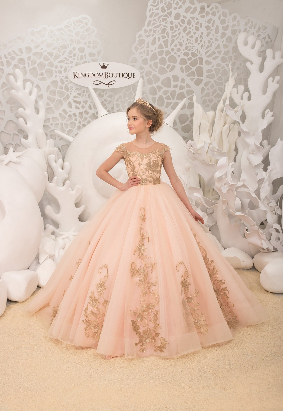 Blush and Gold Flower Girl Dress - Birthday Wedding Party Bridesmaid Holiday Blush and Gold Flower Girl Dress 21-148