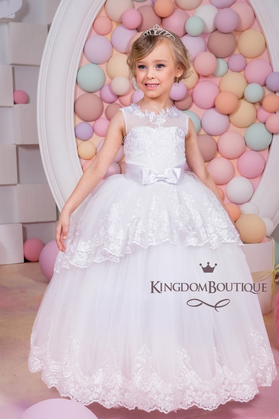 White Lace Tulle Satin Formal Flower Girl Dress for Special Occasion Bridesmaid Party Wedding Pageant Birthday Photoshoot First Communion
