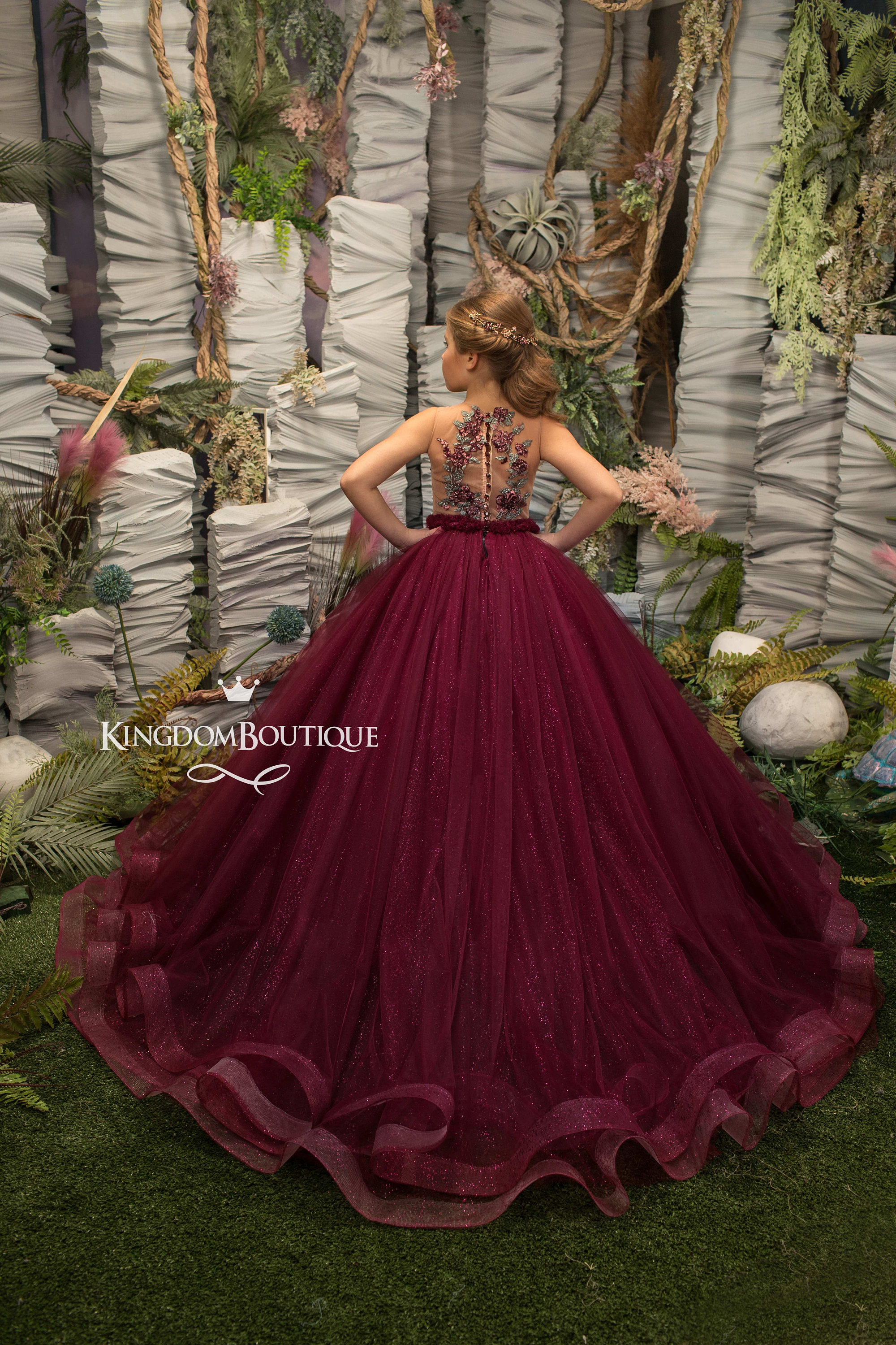 Maroon and Mint lace tulle long sleeves flower girl dress for special occasion bridesmaid party wedding pageant first communion photoshoot