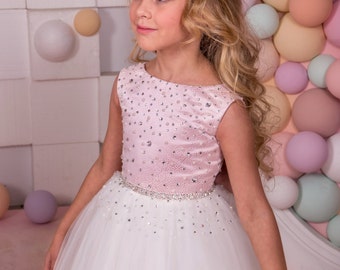 Pink and Ivory Flower Girl Dress - Holiday Bridesmaid Birthday Wedding Party Ivory and Pink Flower Girl Tulle Dress 14-1058