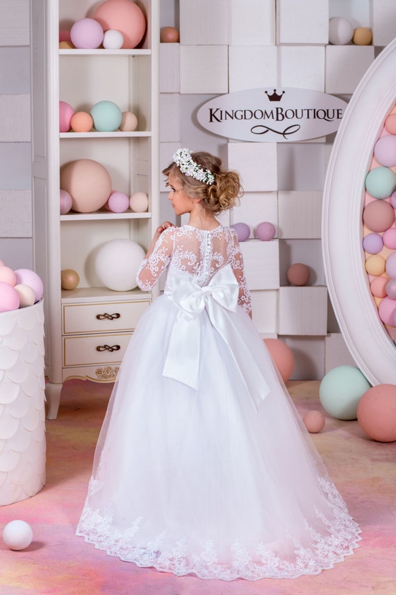 White Lace Satin Tulle 3 4 Sleeve Flower Girl Dress for Special