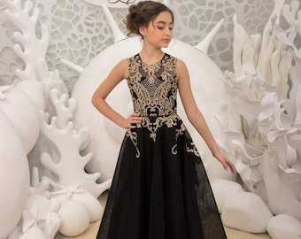 Flower girl dresses black and gold sale