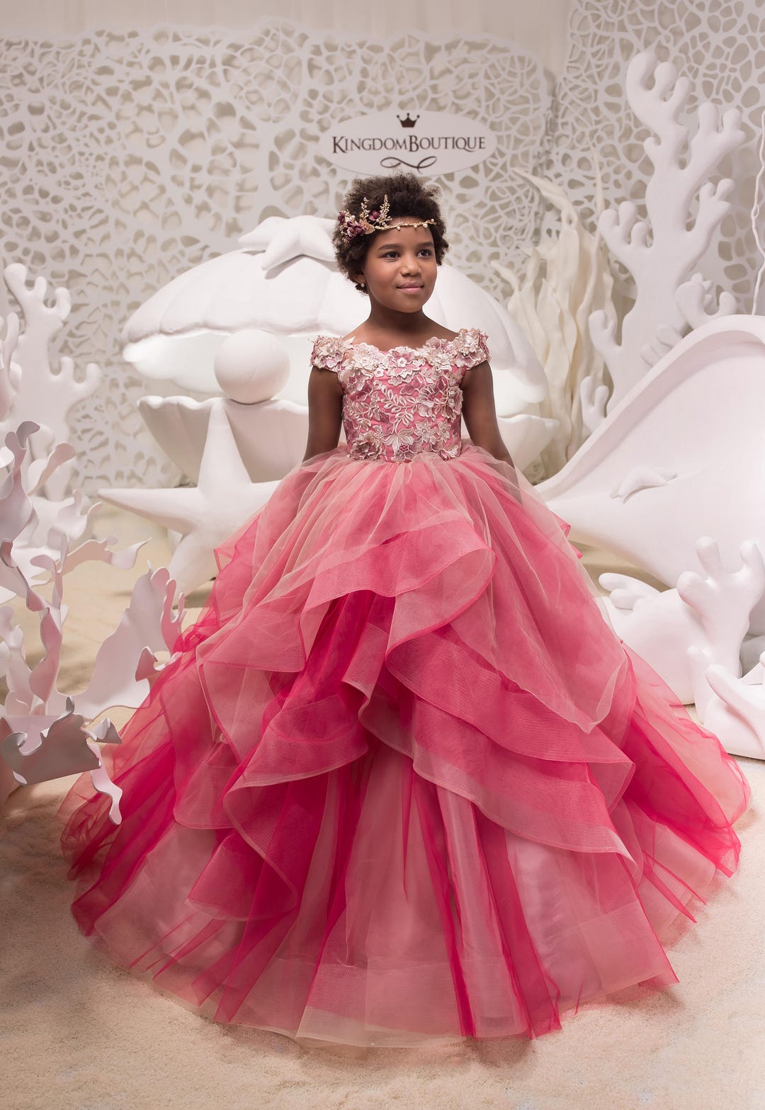 Cappuccino Fuchsia Lace Tulle Satin Flower Girl Dress for Special