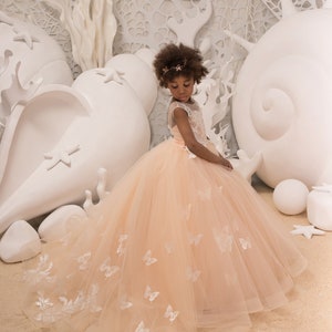 Pfirsich Spitze Tüll Satin formale Blumenmädchen Kleid für besonderen Anlass Brautjungfer Party Hochzeit Festzug Fotoshooting Weihnachten