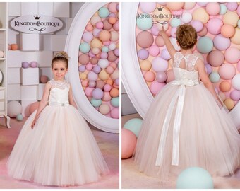 Ivory and Blush Lace Tulle Flower Girl Dress - Wedding Party Birthday Holiday Bridesmaid Ivory and Blush Lace Tulle Flower Girl Dress 15-033