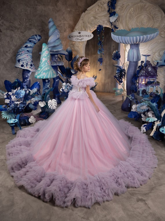 Abito Festa Bambina Con Fiori E Paillettes | Viola | Tutù In Tulle | Per Matrimonio E Compleanno 8-9 Anni