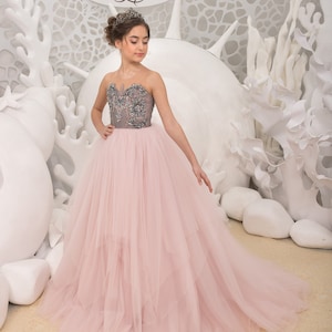 Blush rosa und Grau Spitze Tüll formelle Blumenmädchen Kleid für besonderen Anlass Brautjungfer Party Hochzeit Festzug Geburtstag Fotoshooting Weihnachten