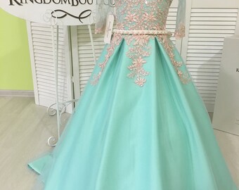 Mint Flower Girl Dress - Birthday Wedding party Bridesmaid Holiday Mint Tulle Lace Flower Girl Dress 17-0240