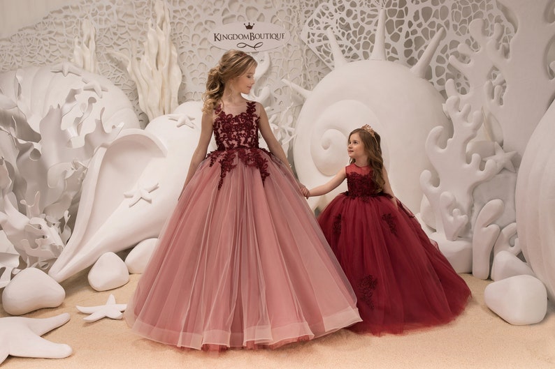 Maroon Flower Girl Dress Birthday Wedding party Bridesmaid Holiday Maroon Lace Flower Girl Dress 21-076 image 6