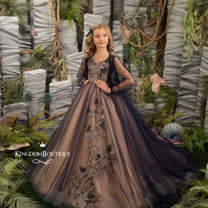 Marine-Blau Cappuccino Spitze Tüll lange Ärmel Blumenmädchen Kleid für besonderen Anlass Brautjungfer Party Hochzeit Festzug Fotoshooting Weihnachten