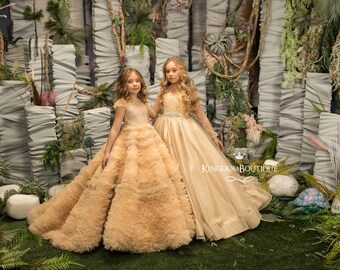 knee length dresses for ladies Gorgeous Gold Lace Organza Half Sleeve Cute Flower Girl Dresses, FGS08 –  AlineBridal main image 0