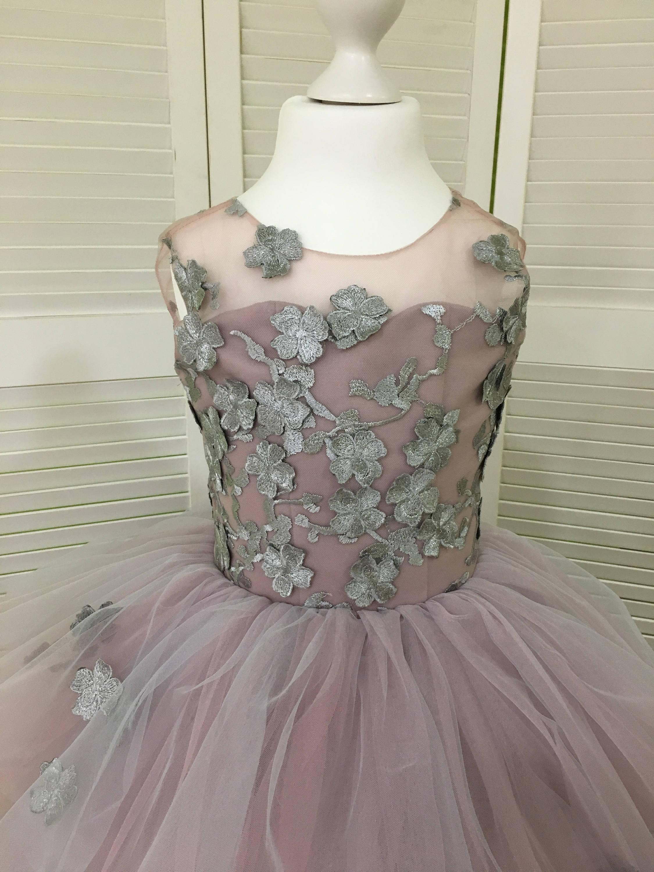 Gray and Pink Lace Tulle Formal Flower Girl Dress for Special