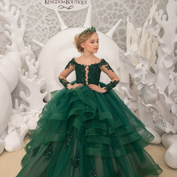 Emerald Green Long Girls Party Dress with Straps Lace Appqued 2020 main image 1