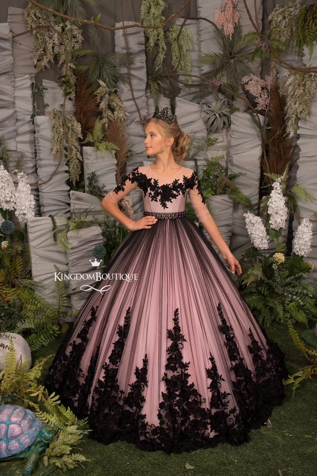 Blush rosa y negro encaje tul media manga vestido de niña de