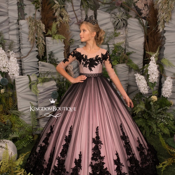 Blush Flower Girl Dress - Pink and Black lace tulle fairy dress with Multilayered skirt, Satin corset, Lace, Half sleeves